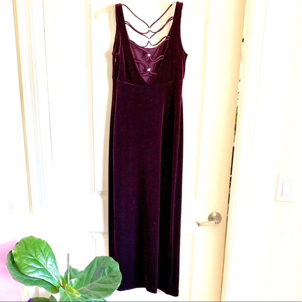 Plum, velvet, floor length evening dress